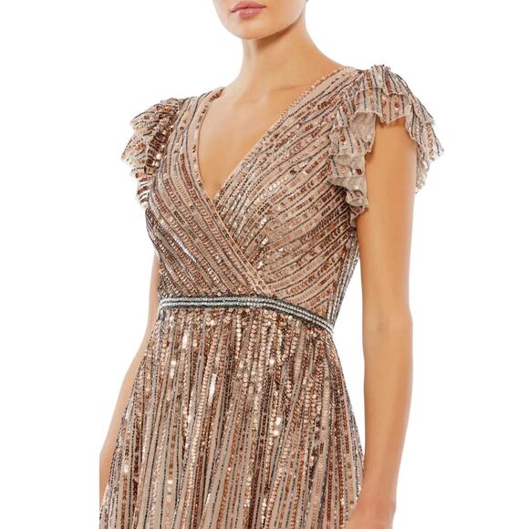 Mac Duggal 5502 Copper Sequin Wrap Gown Ruffled Cap Sleeve Long Gown Size 8 $698 - Picture 2 of 10